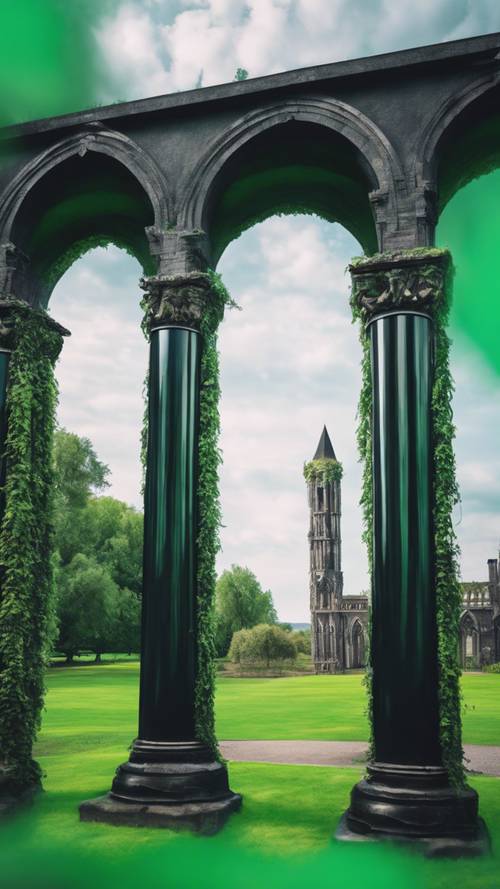 Dramatic black pillars of a gothic structure against a vibrant green background.
