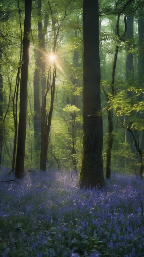 An undergrowth of dark, enchanted Bluebell forest illuminated by fireflies.