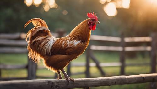 An energetic tan rooster perched on a wooden fence at dawn, crowing loudly to announce the arrival of a new day.