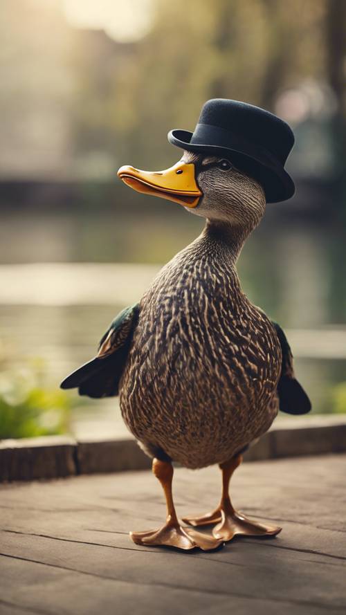 A cute image of a duck in a humorous scene wearing a dapper gentleman’s bowler hat and a monocle.