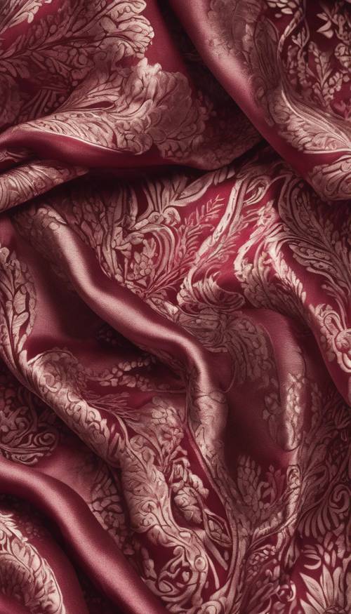 Ein luxuriöser burgunderfarbener Seidenschal mit einem nahtlosen, sich wiederholenden Muster.