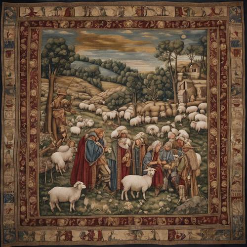 Ein kunstvoller Wollteppich, der eine mittelalterliche Szene mit Schafscheren durch Hirten zeigt.