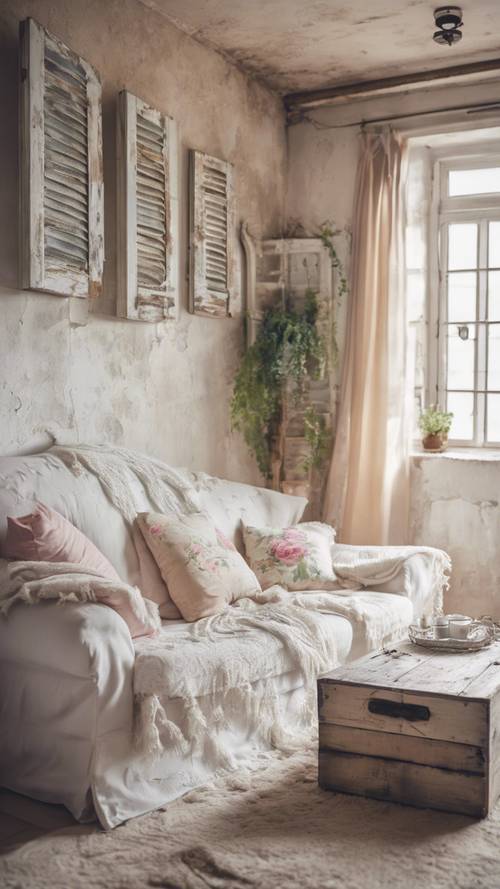 A shabby chic living room, with pastel color cushions on a distressed white sofa and a vintage white coffee table. A pair of worn-out, rustic timber window shutters mounted on the wall as decor.