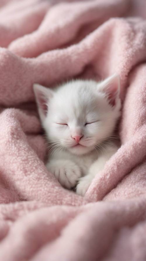 A white newborn kitten sleeping peacefully on a soft pink blanket with a gentle expression on its face.