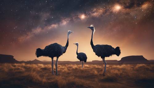 Yıldızlı gece gökyüzünün altında canlı mistik bir ışık altında zıplayan bir çift gösterişli deve kuşu.