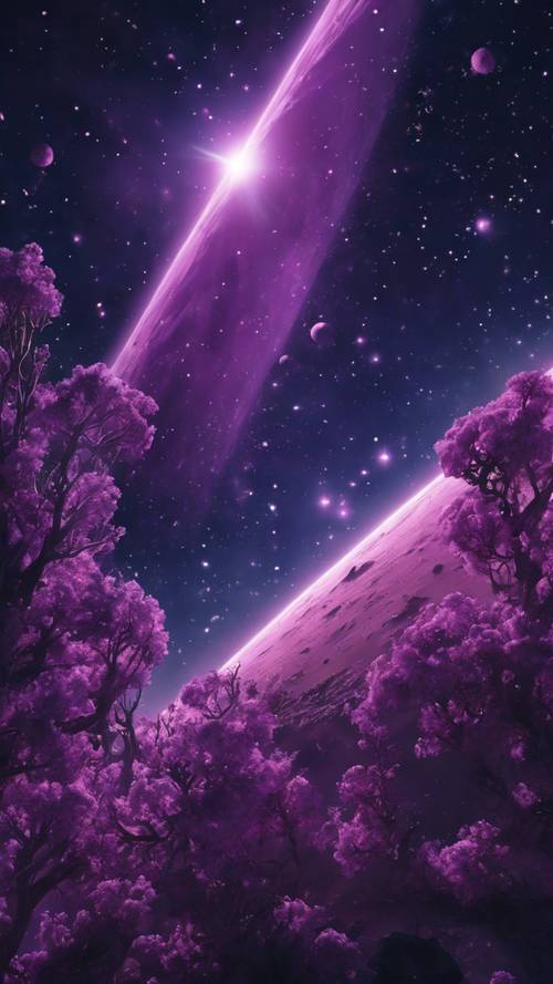 令人驚嘆的外太空景色，一切都沐浴在荒涼而美麗的紫色光芒中。