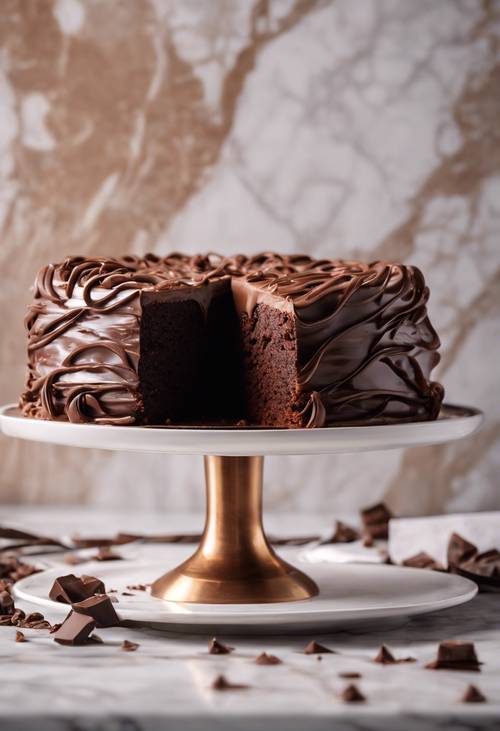 갈색 대리석 접시에 초콜릿 케이크 한 조각이 있고 그 위에 초콜릿 소용돌이가 춤추고 있습니다.