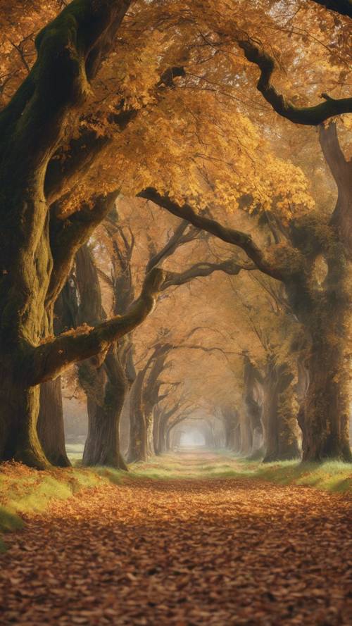 Una tranquilla strada di campagna fiancheggiata da imponenti querce in autunno, con uno strato di foglie cadute che ricopre il terreno.