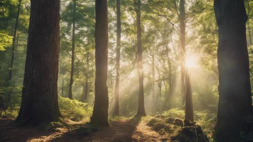 Sinar matahari pagi yang segar menembus kanopi hutan dengan kutipan &#39;Anda adalah satu-satunya batas Anda&#39;.