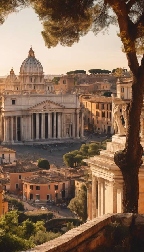 A monument-studded panorama of Rome at golden hour.