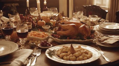 A warm, sepia-tinted image of a preppy Thanksgiving meal, with wine glasses, turkey, and pumpkin pies galore.