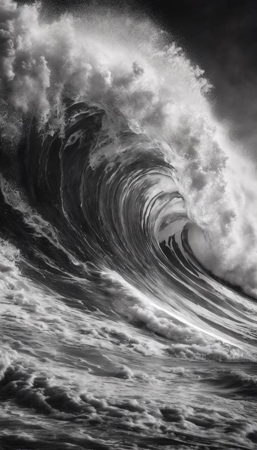 Une image monochrome artistiquement dessinée d’une vague massive sur le point de s’écraser, entourée d’éléments esthétiques tourbillonnants.