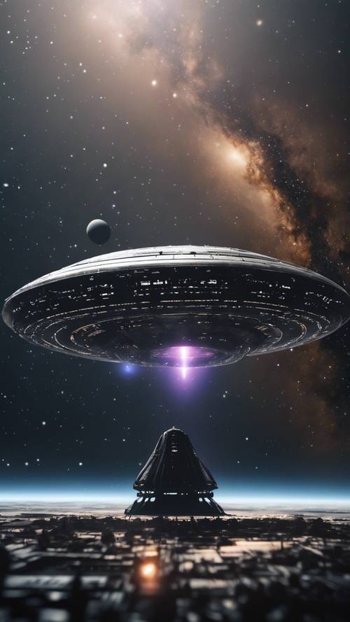 An alien spaceship hovering in the foreground, shrouded in mystery with a sprawling black galaxy stretching out the backdrop.