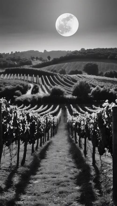 Uma paisagem tranquila de vinhedos iluminados pela lua em preto e branco dando uma sensação de filme antigo.
