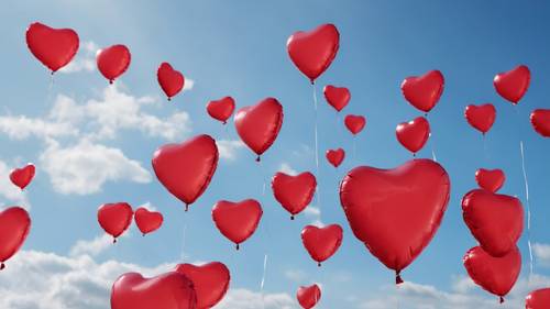 Plump red heart balloons floating against a clear blue sky, with a transparent banner held between them featuring a romantic love quote. Divar kağızı [0e60076f3569448bba7a]