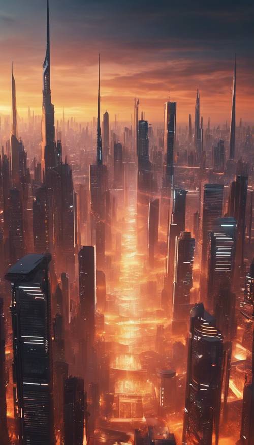 A futuristic cityscape at sunrise with buildings highlighted by an orange aura