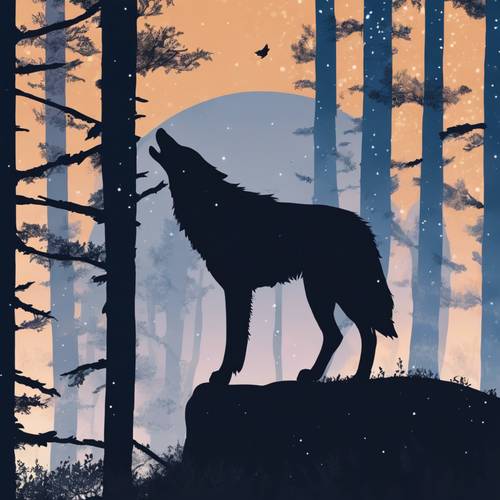 Siluet serigala yang melolong dengan latar belakang hutan biru senja.