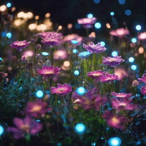 Magiczny nocny ogród, w którym bioluminescencyjne kwiaty delikatnie świecą w świetle gwiazd.