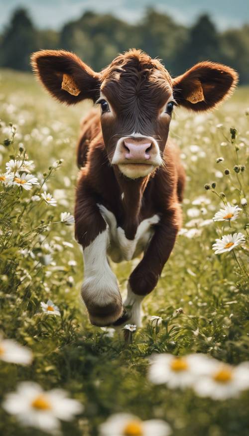 A playful calf joyfully hopping around in a field full of daisies.