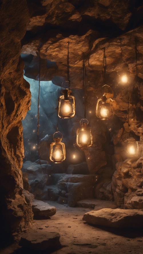 An artist's underground cave studio, illuminated by hanging lanterns, with paint splattered over the rocky walls.