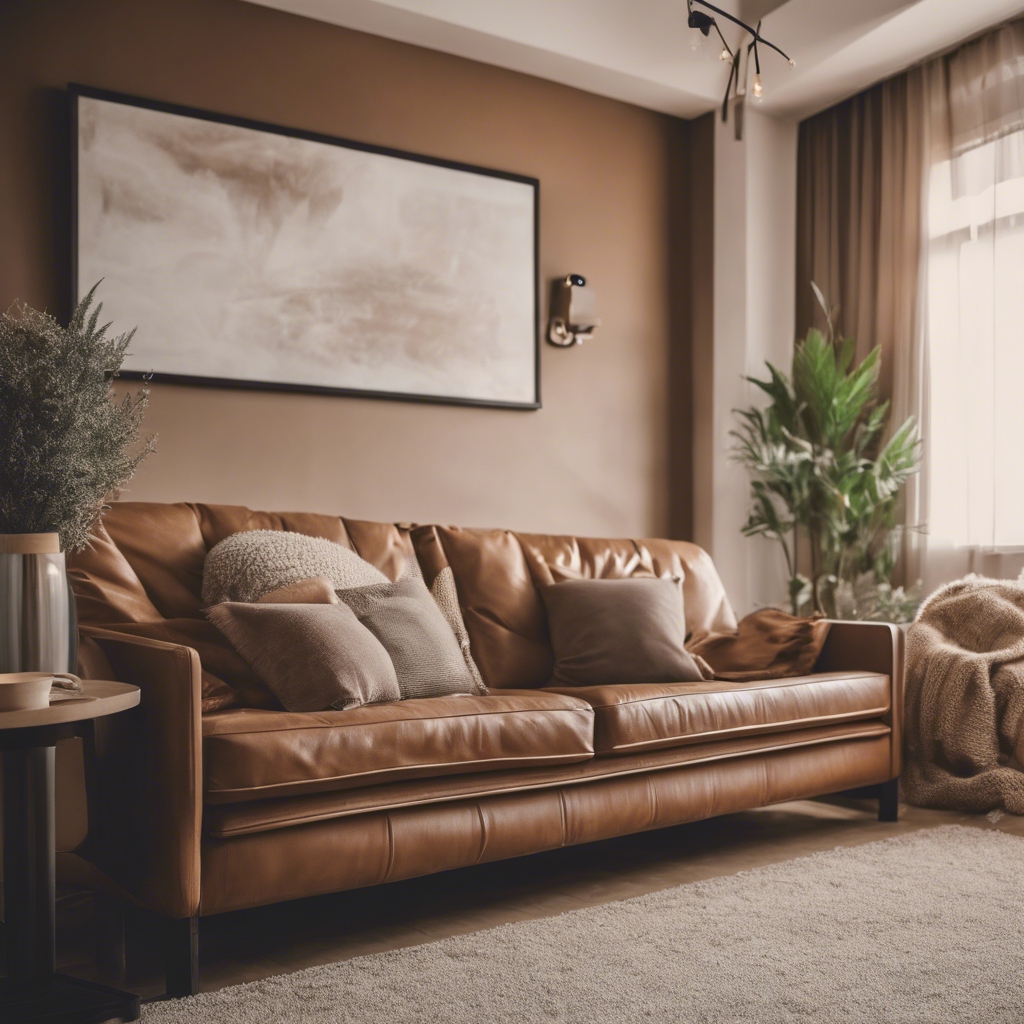 A comfortable light brown couch positioned in a cozy living room. Tapeta[e13d13f9e8c14940a0db]
