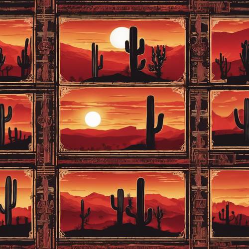 Modèle détaillé de panneaux de saloon du Far West avec un fond de lever de soleil rouge et des silhouettes de cactus.