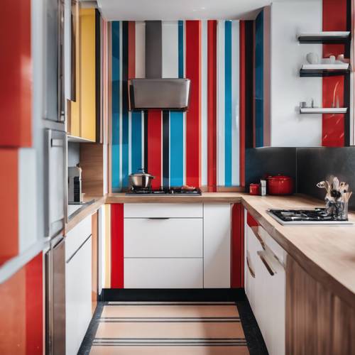 Minimalistisches abstraktes Design einer Küche mit Primärfarben und geraden Linien