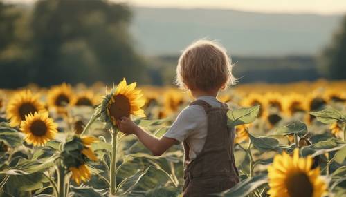 A small child picking a large sunflower from a field on a sunny day.