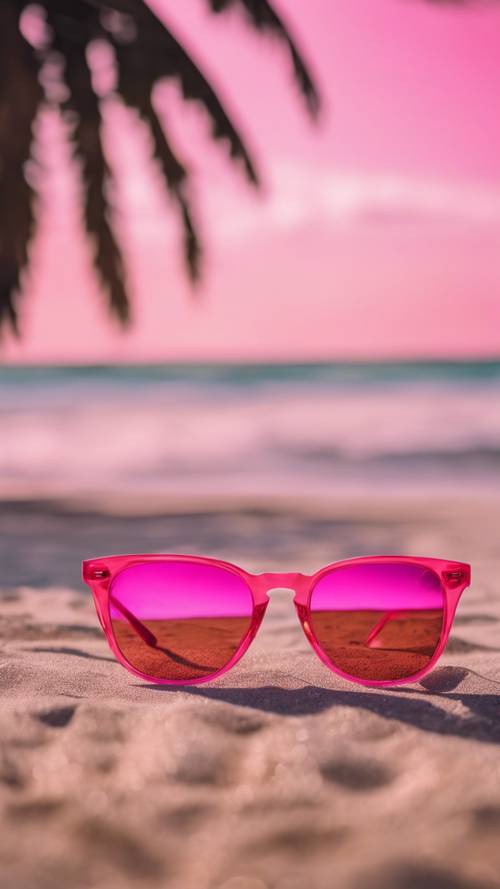 A pair of neon pink sunglasses reflecting the vibrant summer beach scene.