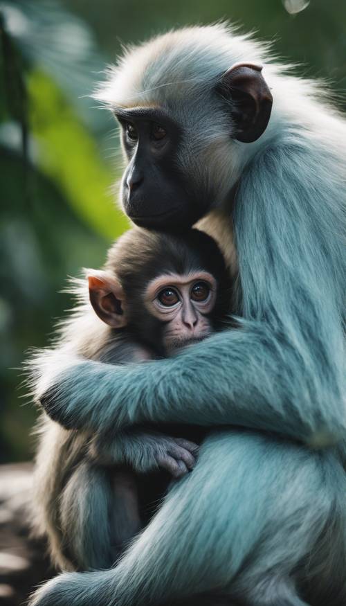 Um bebê macaco azul agarrado ao pelo da mãe em uma densa selva tropical.