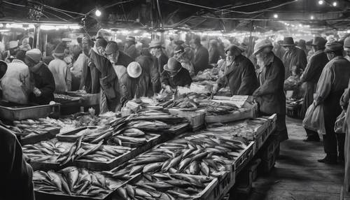 תמונה מיושנת בגווני אפור של שוק דגים הומה ליד נמל.