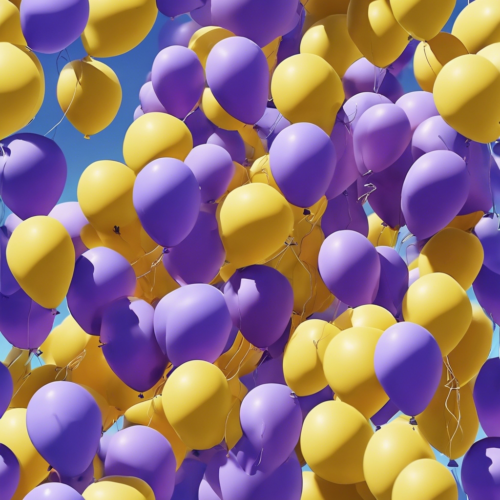 A realistic painting of purple and yellow balloons floating away in a clear blue sky. Wallpaper[8276288eb9cd4fedbd0c]