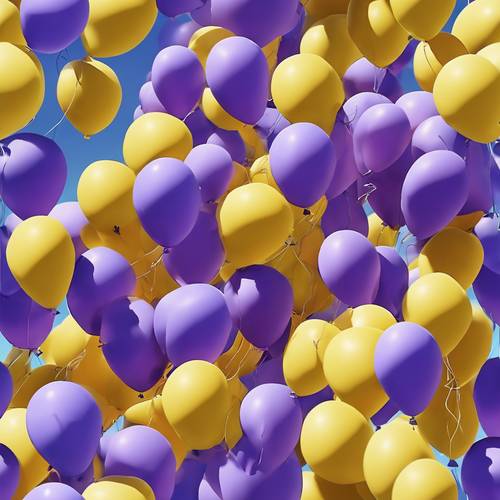 Un dipinto realistico di palloncini viola e gialli che fluttuano in un cielo azzurro e limpido.