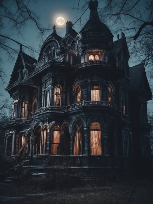 Una scena inquietante di una villa vittoriana infestata sotto la fredda luce di una spettrale luna luminescente.