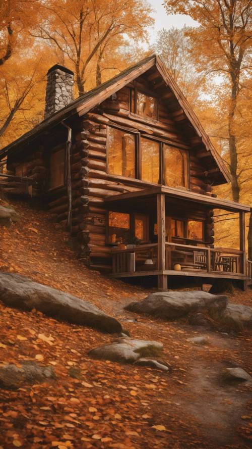 Eine malerische Szene einer Holzhütte auf einem Hügel, umgeben von Herbstlaub in Orange- und Gelbtönen.