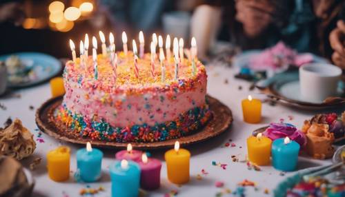 聚会桌上摆放着一个生日蛋糕，上面涂着彩色奶油糖霜，插着许多蜡烛。