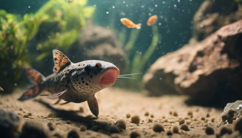 A lone spotted Raphael catfish skulking around the bottom of a gloomy, rock-filled fish tank.