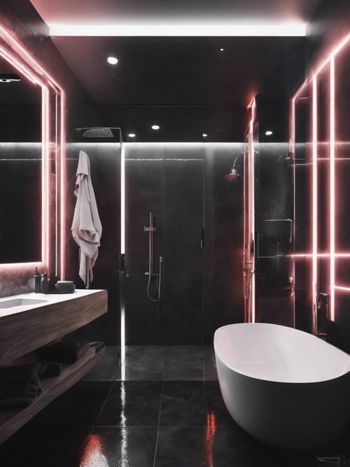 대형 샤워실, LED 백라이트 거울, 밝은 네온 팝으로 강조된 단색 배색을 갖춘 초현대적이고 세련된 욕실입니다.