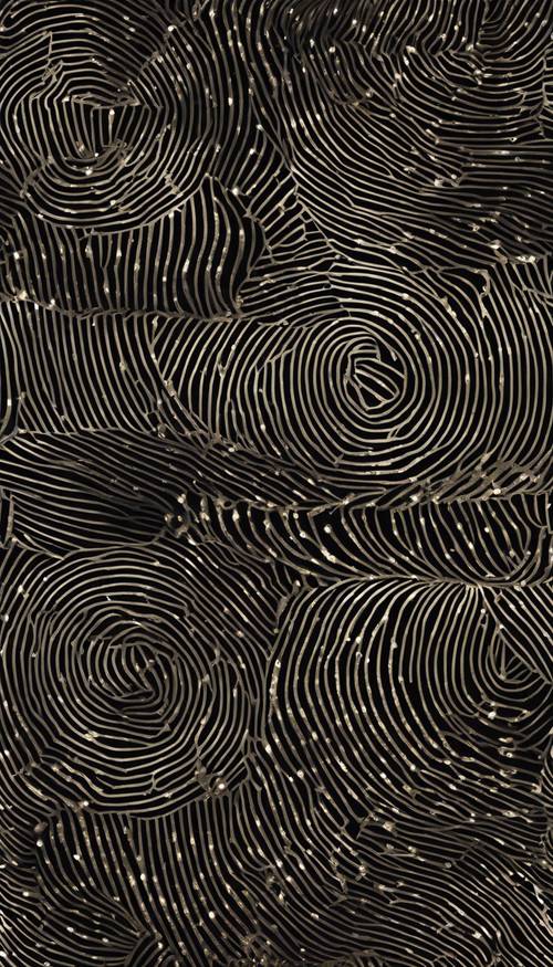 Un hipnotizante patrón transparente de brillo negro sobre un fondo oscuro y ambiguo.