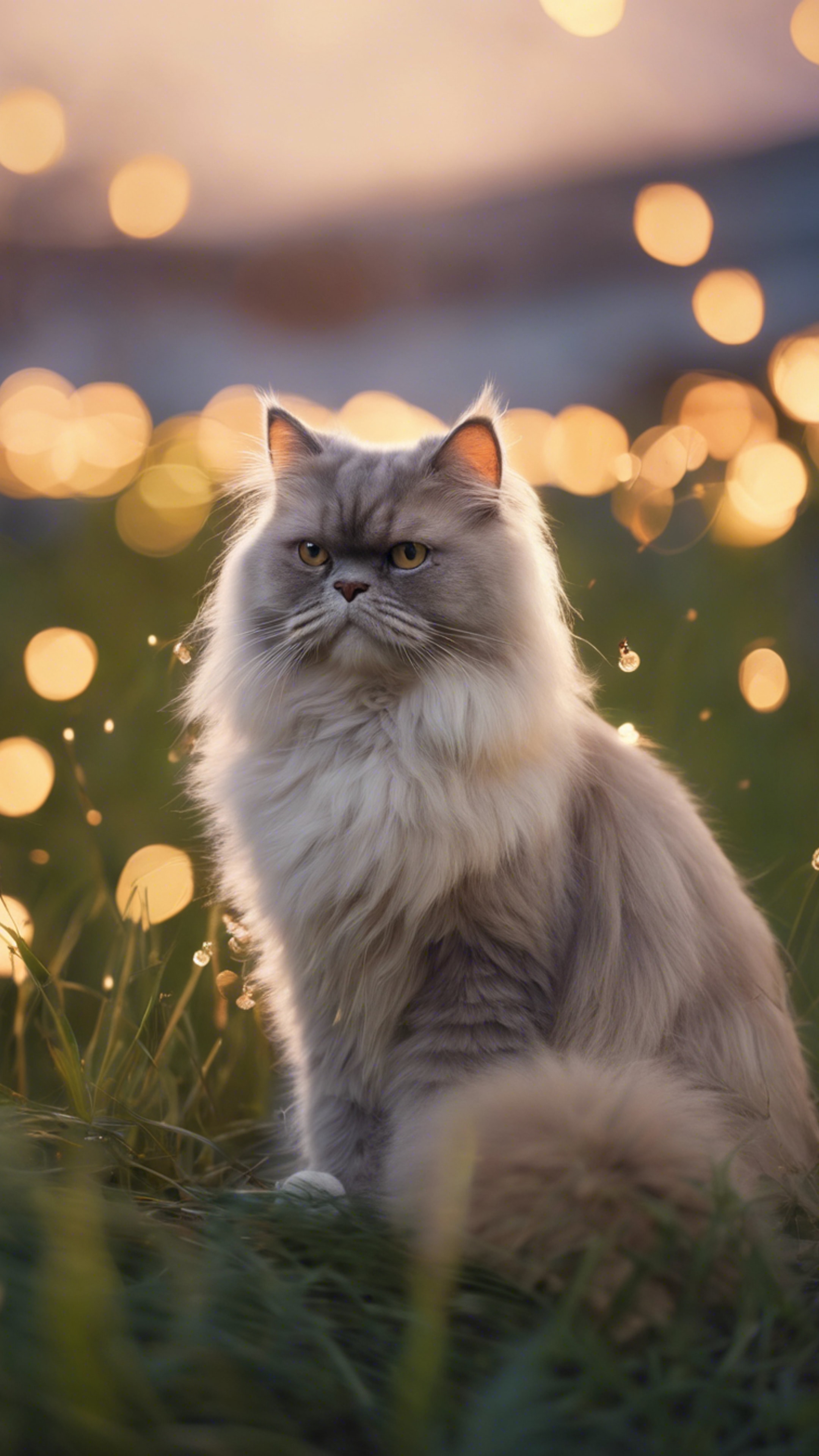 A Persian cat sitting atop a grassy knoll at dusk, surrounded by a halo of fireflies.壁紙[c22c0d06fb464e67bbd0]