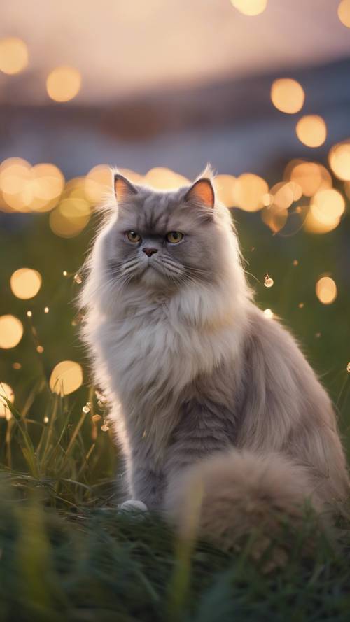 黃昏時分，一隻波斯貓坐在長滿草的小山丘上，周圍環繞著螢火蟲的光環。