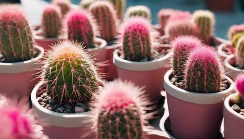 Beberapa kaktus mini berwarna merah muda disusun secara artistik dalam pot keramik warna-warni di siang hari.