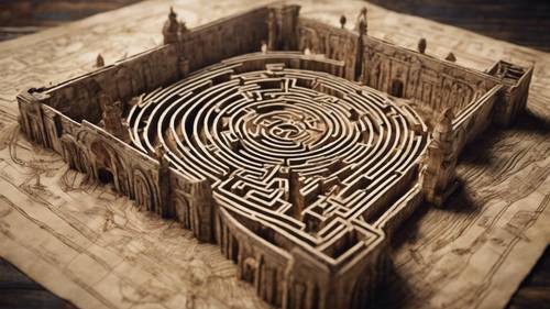 Une vue plongeante d&#39;un vaste labyrinthe, dessinée avec énormément de détails sur un grand parchemin ancien.