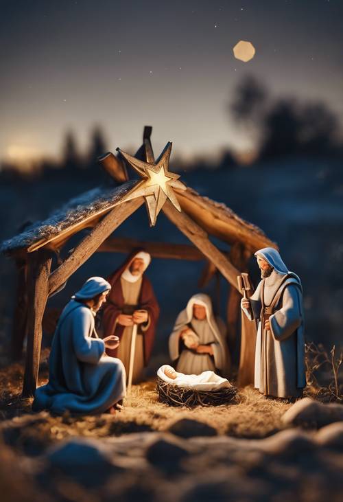 A traditional outdoor nativity scene with shepherds, wise men, and the Star of Bethlehem.