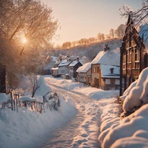 A snow-covered village scene bathed in the soft, golden glow of the setting sun.