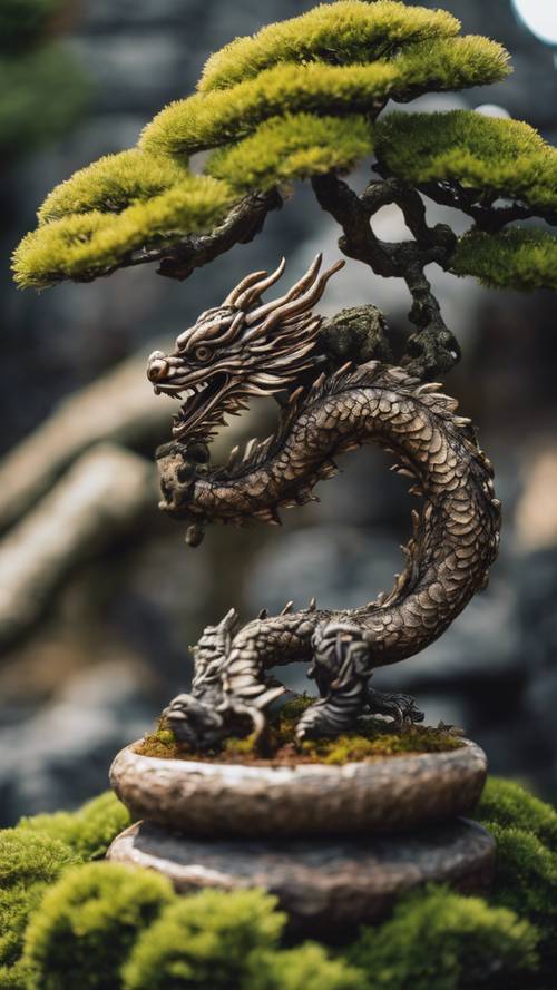 Un minuscolo drago giapponese rannicchiato attorno a un antico albero bonsai.