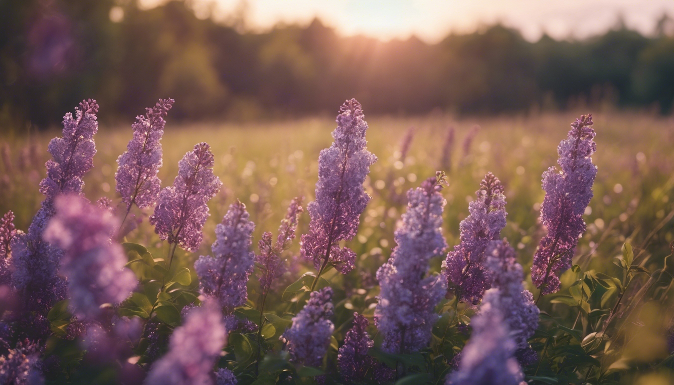 A sunset view of a meadow with purple lilacs swaying in the breeze. 牆紙[eacd9b77cee34ac8a0d3]