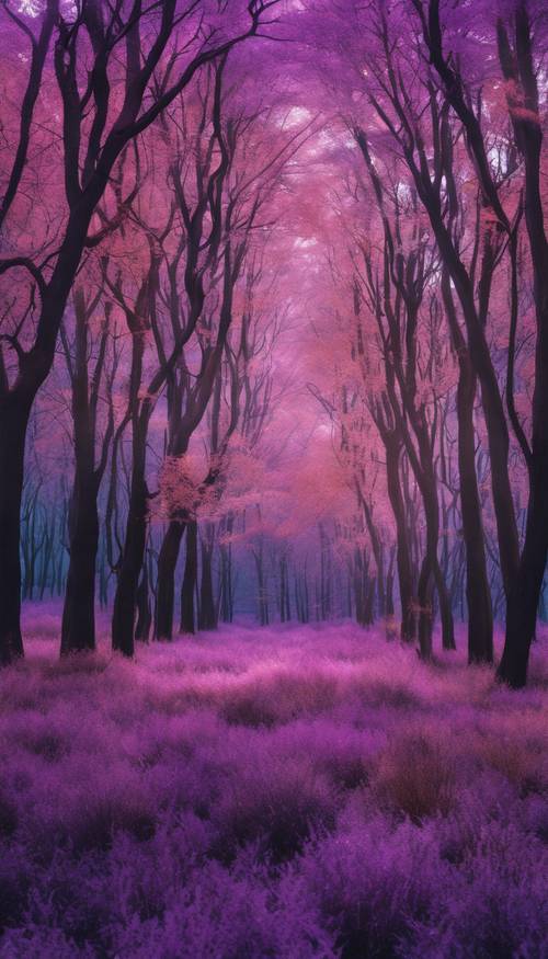 Una scena autunnale raffigurante una foresta di alberi dalle foglie argentate sotto un cielo crepuscolare viola.