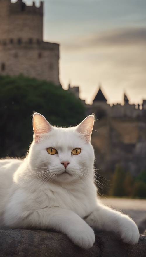 Gambar close-up wajah kucing putih, mata emasnya bersinar misterius dalam cahaya bulan yang lembut, dengan kastil kuno menjulang di latar belakang.