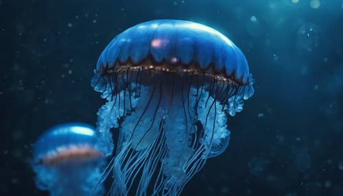 A blue jellyfish illuminated by moonlight, creating a magical scene in the dark sea.